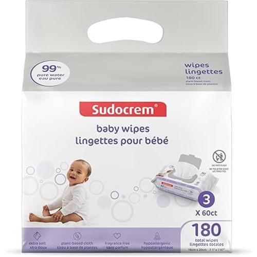 Sudocrem Pure Water Wipes 180 Count - Unscented, Hypoallergenic, Plant-Based Baby Wipes, 99% Water - Extra Strong and Ultra Soft (3 Packs of 60)