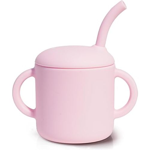 Silicone Baby Cup with Straw, Straw Cup for 6 months+ old, Leak Proof Silicone Baby Training Cup 6 fl oz (Pink)