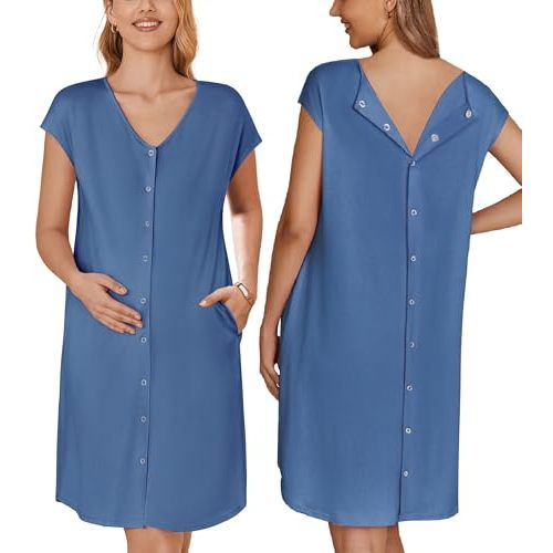 Ekouaer Labor/Delivery/Hospital Gown Nursing Nightgown Maternity Sleepwear With Pockets Postpartum Gowns with Button S-XXL