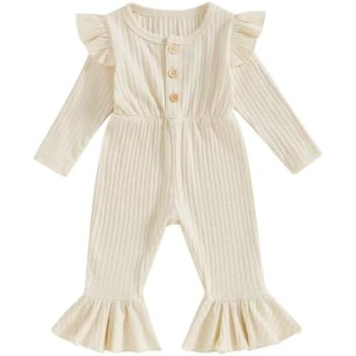 Toddler Girl Ribbed Flare Jumpsuit Fall Outfits Knit Clothes One Piece Rompers Button Fly Long Sleeve Playsuit