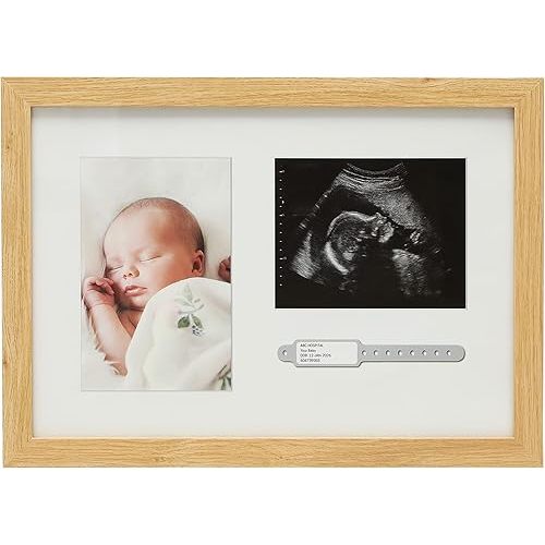 Kate & Milo Bracelet ID Photo and Sonogram Frame, Pregnancy Keepsake Frame, Wooden Newborn Baby Sentiment Frame