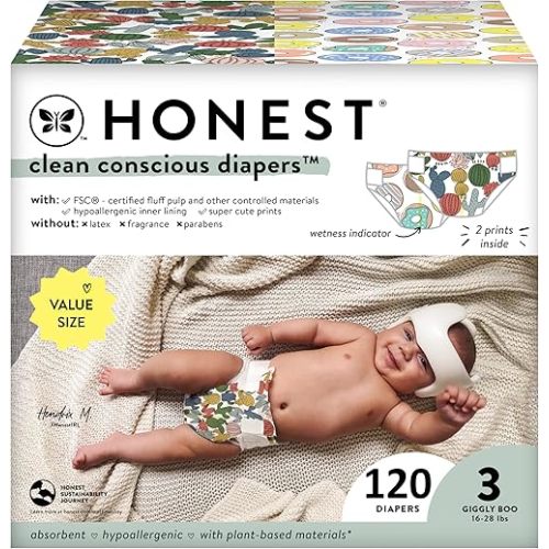 The Honest Company Clean Conscious Diapers | Plant-Based, Sustainable | Cactus Cuties + Donuts | Super Club Box, Size 3 (16-28 lbs), 120 Count