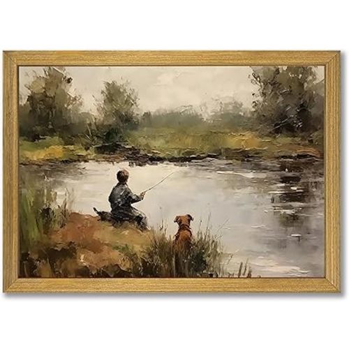 Wood Framed Vintage Canvas Wall Art, Boy Fishing Wall Decor Paintings, Dog and Boy Landscape Print Prints, Vintage Country Farmhouse Artwork Picture for Bedroom Living Room Kids Room 12x16 inch