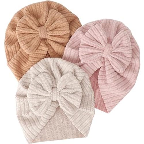 DRESHOW BQUBO 3 Pieces Newborn Baby Turban Hats Bow Baby Infant Beanie Breathable Toddler Cap for Baby Girls 0-12 Months