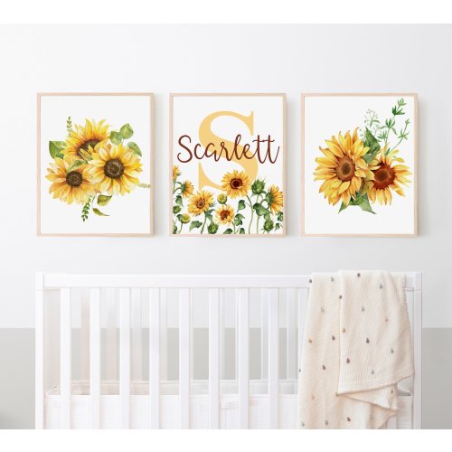 Sunflower Nursery Wall Decor, Sunflower Baby Name Wall Art, Set of Three Prints, Above Crib Decor, Baby Girl Gifts, Sunflower Bedroom Theme