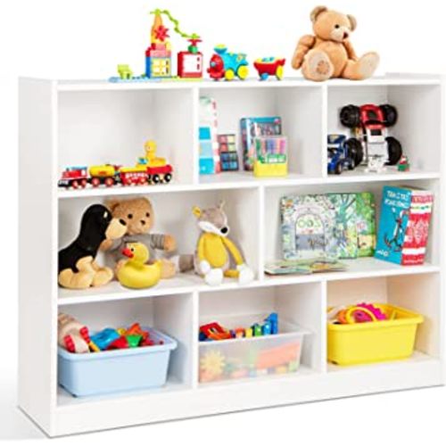 HONEY JOY Kids Toy Storage Organizer, 8-Section Storage Daycare Shelf for Preschool, Children 3-Tier Open Wooden Display Book Shelf Organizer for Classroom, Playroom & Nursery, Kindergarten(White)