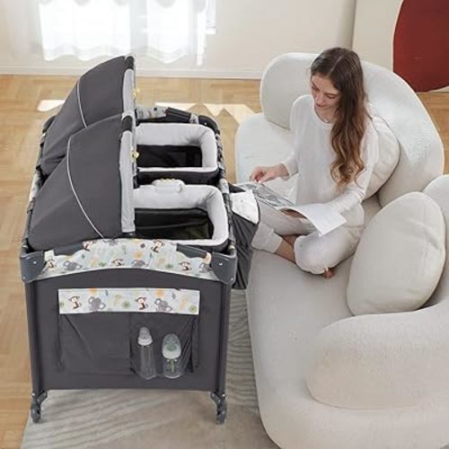 Twin Bassinet & Full-Size Infant Bassinet & Playard for Baby, Includes 2 Removable Rock-A-Bye Portable Bassinets with Storage Bags, Gray