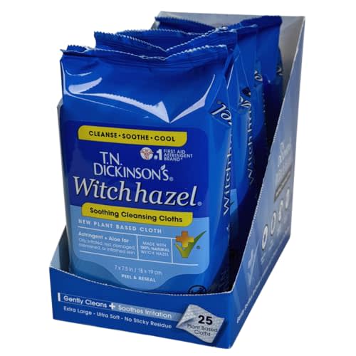 T.N. Dickinson's Witch Hazel Cleansing Cloths | 4 Pack | 25 Ct Each | Soothing Multi-Use Wipes Remove Dirt, Oil & Impurities; 100 Total Cloths