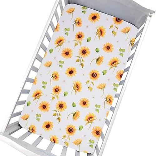 Cloele Sunflower Fitted Crib Sheet - Baby 100% Polyester 1 Pack Flower Crib Sheet for Standard Crib and Toddler Mattresses - Floral Nursery Bed Sheet Crib Mattress Toddler Sheet for Baby Girls