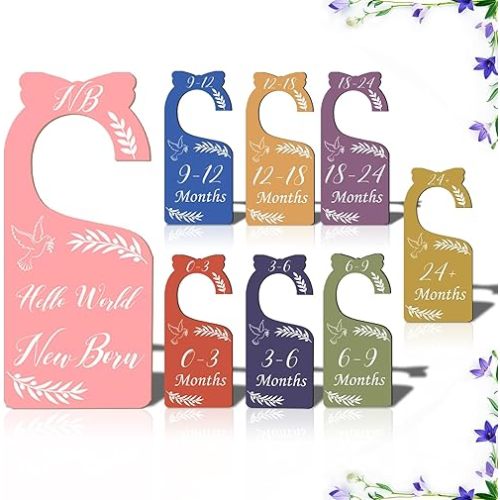 Baby Closet Dividers for Clothes Organizer - Set of 8 Wooden Double-Sided Colorful Baby Clothes Size Hanger Organizer from Newborn to 24 Months for Daycare Wardrobe, Baby Nursery Decor
