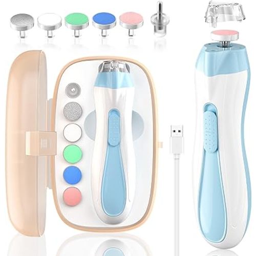 Baby Nail File Electric Baby Nail Care Set with LED Light, Baby Nail Clipper Electric for Newborn/Infants/Adults Toenails and Fingernails, 7 Grinding Head Replacement Pads, Blue