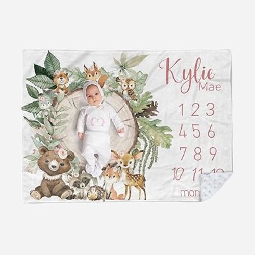 Custom Baby Monthly Milestone Blanket - Custom Name with Woodland Animals Designs Photography Background - Soft Plush Blanket with Double Layer Dotted Backing for Boys Girls Gift(47"x60")