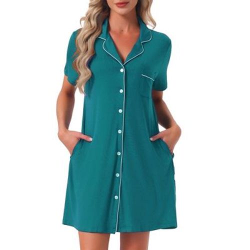 INSPIRE CHIC Women's Nightgowns Button Down Short Sleeve Sleep Shirts Nightshirt Pajama Dress with Pockets Large Peacock Green