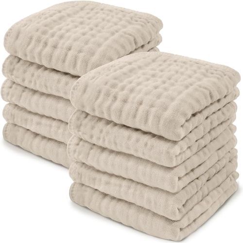 Baby Washcloths, Muslin Cotton Baby Towels, Large 10”x10” Wash Cloths Soft on Sensitive Skin, Absorbent for Boys & Girls, Newborn Baby & Toddlers Bibs & Burp Cloths Essentials Set (Sand, Pack of 10) - 10-Pack 10"X10"
