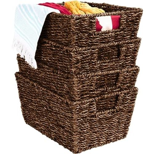 Best Choice Products Rustic Set Of 4 Multipurpose Stackable Seagrass Storage Basket, Handwoven Laundry Organizer Totes for Bedroom and Living Room, Shelves, Pantry w/Insert Handles - Brown