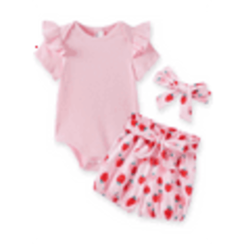 PatPat Baby Girl Summer Clothes 3Pcs Set Ruffle Sleeve Bodysuit Strawberry Shorts Headband Gift Outfit