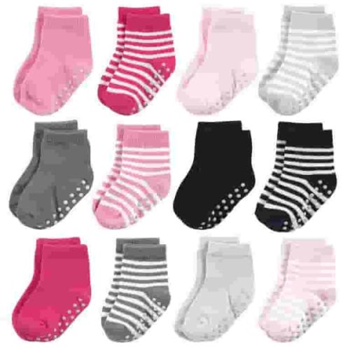 Touched by Nature Baby and Toddler Girl Organic Cotton Socks with Non-Skid Gripper for Fall Resistance, Pink, 2-4 Toddler