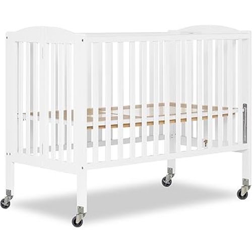 Dream On Me Folding Full-Size Convenience Baby Crib in White, GreenGuard Gold & BSA, Portable, Patented Quick Folding System, Strong Wheels, 2 Adjustable Mattress Heights