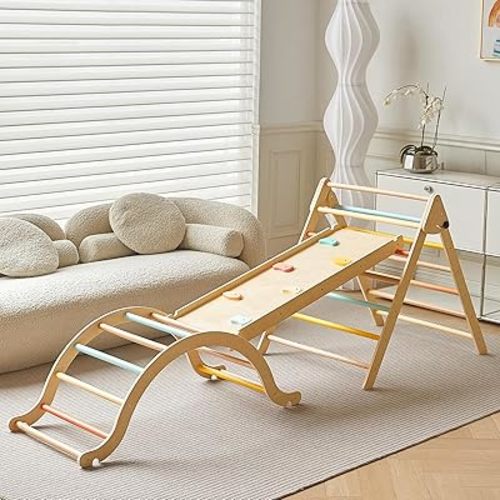Giant bean Pickler-3 Piece Climbing Gym, Pastel 7 in 1 Pikler Triangle Set, Foldable Wooden Toddler Climbing Toys Indoor, Playground Jungle Gym for Kids Age 3-6, Montessori Climbing Set