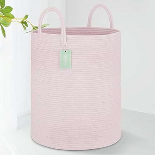 Large Cotton Rope Laundry Basket Hamper for Girls Kids 65L, Baby Nursery Hamper Bin, Woven Storage Basket for Living Room Girls Room, Tall Rope Baskets, 16”x 20”, Light Pink