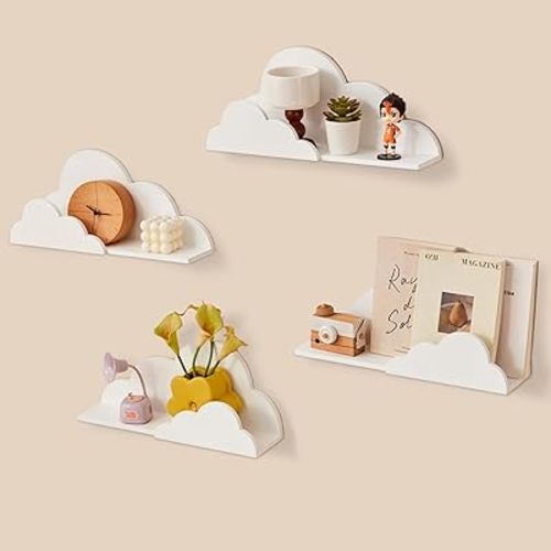 Cloud Floating Book Shelves, 4-Pack Wood Nursery Book Shelves for Wall, Modern Decor Wall Shelves, Kids Bookshelf for Toys, Plants & Storage, Toddler Room, Nursery Decor Storage(White)