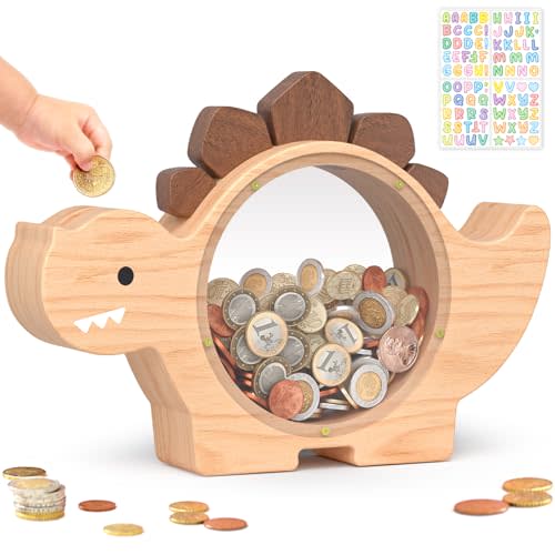 Summidate Wooden Dinosaur Piggy Bank for Kids, Cute Toddler Piggy Bank for Boys, Unbreakable Wood Dino Coin Money Bank, Creative Saving Money Jar Personalized Present for Child Birthday & Decor