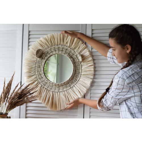 Wicker ivory Lion face mirror, nursery animal wall hanging, Boho Nursery Decor, round raffia mirror, Safari Jungle Nursery, African basket