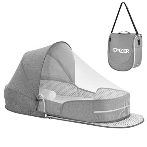 omzer Baby Travel Bassinet Portable Bassinets - Foldable Baby Co-Sleeping Bed Lightweight Travel Pod Infant Travel Bed with 2-1 Mosquito & Canopy Grey