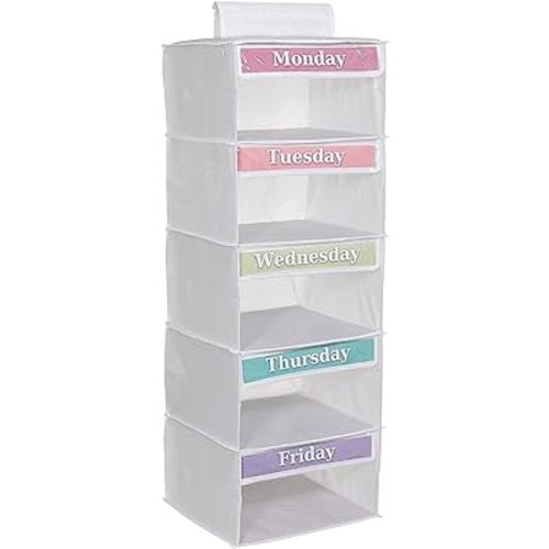 5-Shelf Weekly/Weekday Clothes Organizer for Kids (33”) School/ Day of the Week, Monday through Friday
