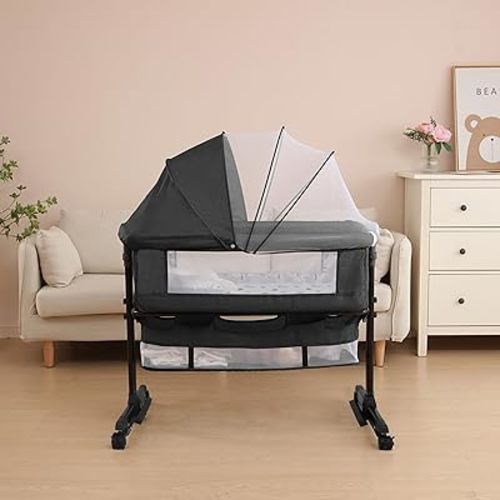 Baby Cradle, Freestanding Bedside Bassinet, 3-in-1 Convertible Bassinet with 360° Swivel Wheels, 2026 New Model Adjustable, Easy-Fold Portable Neutral Baby Newborn Bassinet (Dark Gray)