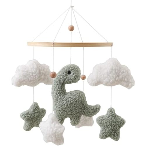 Teddy Fleece Star Dinosaur Crib Mobile, Hand-Sewn Simple Animal Decorations for Nursery,Easy to Install Adjustable Green Dinosaur Charms for Bassinet,Plush Mobile for Crib Boys Girls (#B)