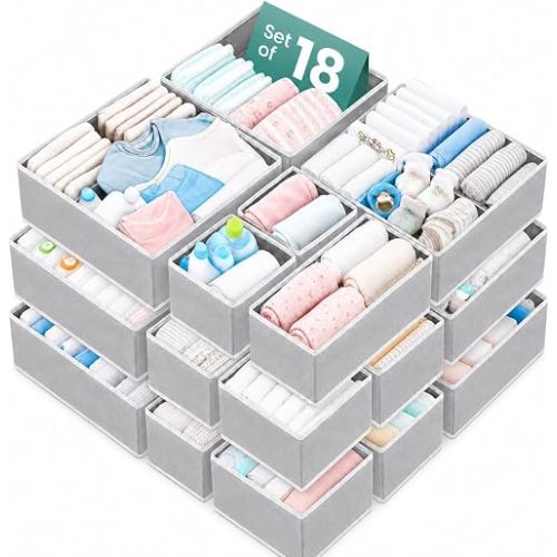 RFAQK 18 Pack Drawer Organizer Clothes-3 Sizes Dresser Organizer for Underwear Closet, Baby Clothes Organizer for Wardrobe-Foldable Fabric Drawer Dividers for Bedroom,Lingerie,Undies,Bra-Grey