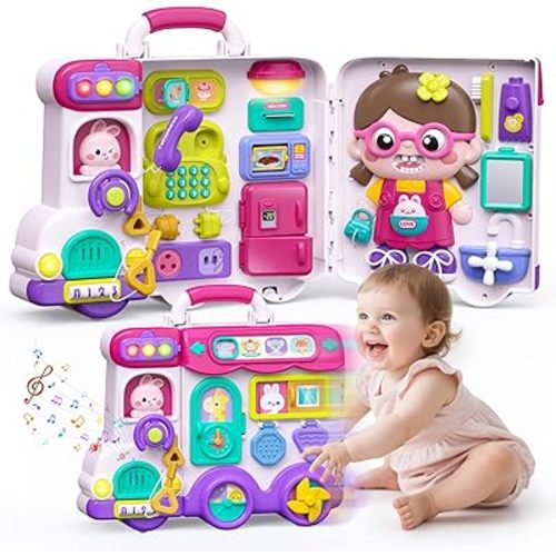 54-in-1 English & Spanish Busy Board Montessori Toys Gift for 1 2 Year Old Girls, Educational Montessori Learning Toys for 1 Year Old, Christmas Toys Gifts for 1 2 Year Old Girl, 1 Year Old Gift Toy