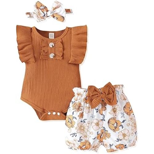 LUNFEGO Newborn Baby Girl Clothes Outfits Ruffle Romper and Short Pant Sets with Headband Infant Bodysuits