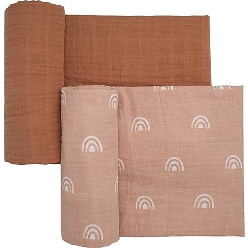 Sticky Toffee Muslin Swaddle Baby Blanket, Blush Pink Rainbows, 47 x 47 in, Soft Breathable Oeko-Tex Cotton Newborn Wrap and Receiving Blanket