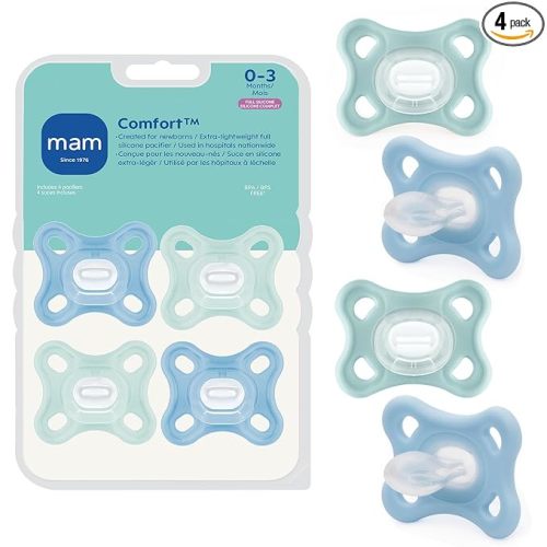 MAM Comfort Baby Pacifier 0-3 Mths Lightweight One-Piece Silicone 4 Pack