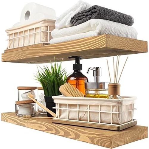 BAOBAB WORKSHOP Natural Wood Floating Shelves 24 inches Long - Deep Wall Shelves for Bedroom - Bathroom Shelves for Room Wall - Kitchen Floating Shelf - Gold Oak Shelves - 24D x 6.7W