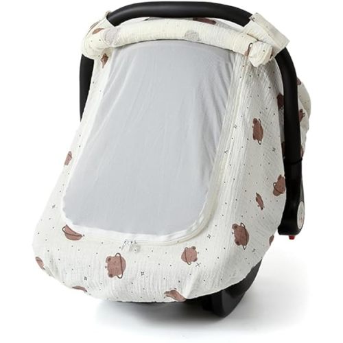 Muslin Cotton Baby Car Seat Cover for Boys and Girls, Summer Baby Car Seat Covers Infant Car Seat Canopy with Breathable Mesh Window Windproof Carseat Cover for Babies (White)
