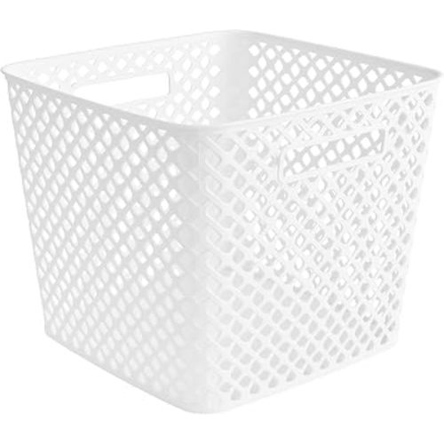1 Piece, White 13-Inch Cube Storage Basket – Durable Plastic Organizer Bin with Handles