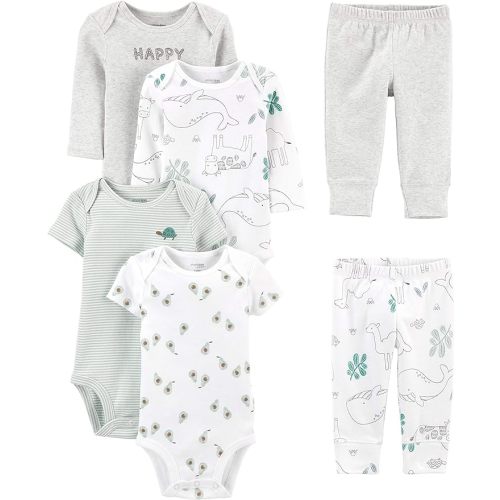 Simple Joys by Carter's Unisex Babies' 6-Piece Bodysuits (Short and Long Sleeve) and Pants Set - 3-6 Months - Grey Heather/White Animal Print/Avocados/Stripe/Text Print