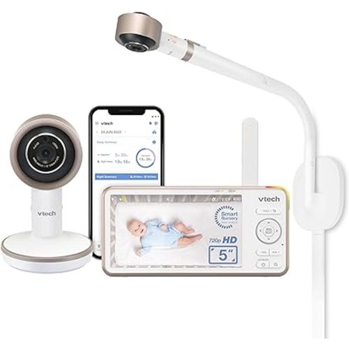 VTech V-Care VC2105 1080p FHD Over-The Crib Mount Smart Baby Monitor 5” 720p LCD Screen,Table Stand,Remote Access,Versatile Placement,Intelligence Detection, Sleep Analysis,24 hrs Recording,with WiFi