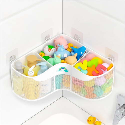 3-Compartment Corner Bath Toy Storage Organizer for Tub - Wide-Opening Mesh Kids Bath Toy Holder with Easy Sorting & Storage, Quick-Drying Machine-Washable Bathroom Organizer for Tidy Bathtub