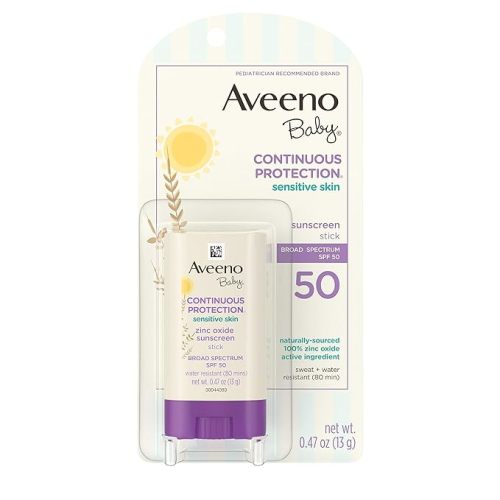 Aveeno Baby Continuous Protection Mineral Sunscreen Stick for Sensitive Skin with Broad Spectrum SPF 50 Protection for Face & Body, Naturally Sourced 100% Zinc Oxide, Travel Size, 0.47 oz
