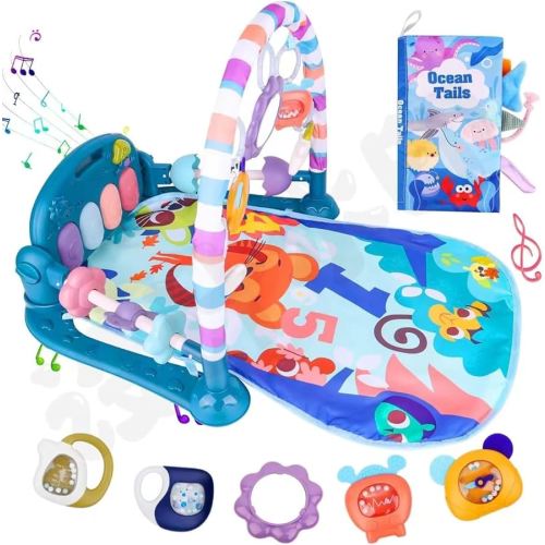 VZO Baby Gyms Play Mats, Infant Play Mat and Activity Gym, Baby Play Piano Gym Mat, Play Mats for Babies Newborns and Toddlers, Tummy Time Activity Mat Toys 0-3-6-12 Months (Blue)