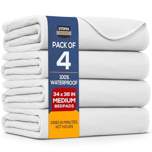 Utopia Bedding Washable Underpads 34" x 36" (Pack of 4), Waterproof Reusable Heavy Absorbency Incontinence Bed Pads for Adults, Kids, Elderly and Pets, Bedwetting Pads for Sofa and Couch (White)