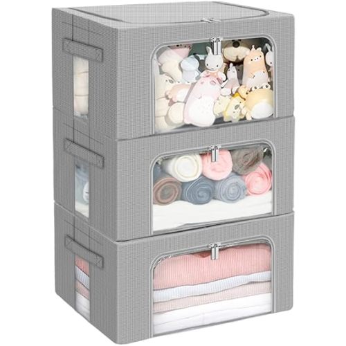 Stackable Clothes Storage Box for Clothing Gadgets,Steel Frame Storage Bins for Toys Gift,Foldable Oxford Fabric Closet Organizer Bag Set with Carry Handles Clear Window (Small- 22L x3 Pack, Grey)