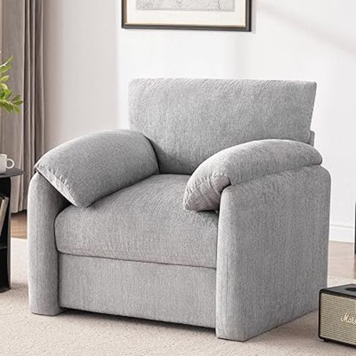 Chenille Oversized Armchair, 38.6" Wide Accent Chairs for Living Room & Bedroom Modern Lounge Chair, Upholstered Mid-Century Reading Chair, Comfy Living Room Chair, Single Sofa Chair, Gray