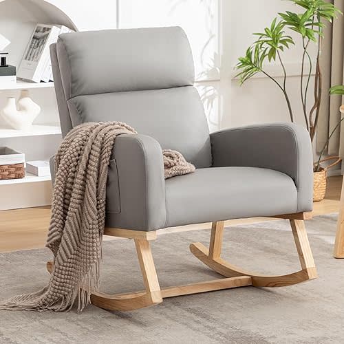 Rocking Chair Nursery, Leather Nursing Rocking Chairs, Upholstered Nursery Glider Rocker for Mom Nursery Morden Accent Rocking Chair with Side Pocket for Living Room,Bedroom, PU Grey
