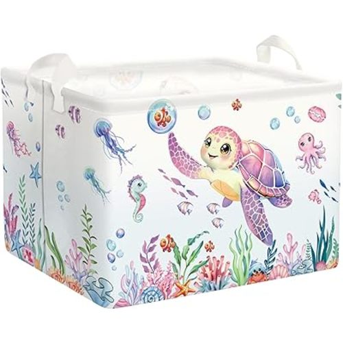 Ocean Animals Baby Laundry Hamper Collapsible Clothes Kids Storage Basket Large Boys Girls Gift Toy Box Bin for Nursery Room, Sea Turtle, 36L