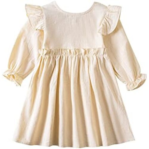 Goodplayer Toddler Girl Cotton Linen Dress Long Sleeve Ruffle Fall Dress Kids Solid Dresses Casual Clothes